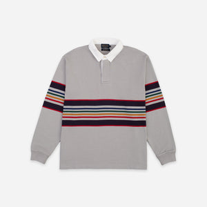 Pendleton - Pendleton Rugby Shirt - Yellowstone - A light gray long-sleeve rugby shirt with a white collar and horizontal multicolor stripes across the chest and upper sleeves, shown flat on a light gray background. - Main Front View