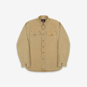 Double RL By Ralph Lauren - OFFICERS SPORTS SHIRT - FADED TAN - A beige long-sleeve button-up shirt with two chest flap pockets, laid flat against a light gray background. - Main Front View