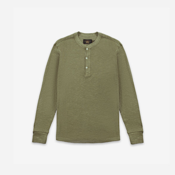 RRL Garment-Dyed Waffle Henley T-Shirt Tree Green