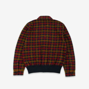 Double RL By Ralph Lauren - Knit-Bomber Jacket - Red - A long-sleeve plaid jacket shown from the back, featuring a red, yellow, and black tartan pattern with a solid dark navy ribbed hem and cuffs, displayed on a light gray background. - Alternative View 1
