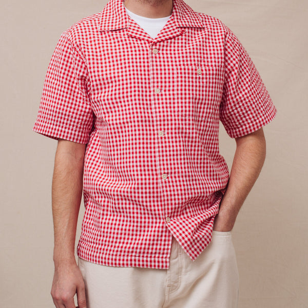 QUINCY SEERSUCKER CAMP SHIRT - RED CHECK