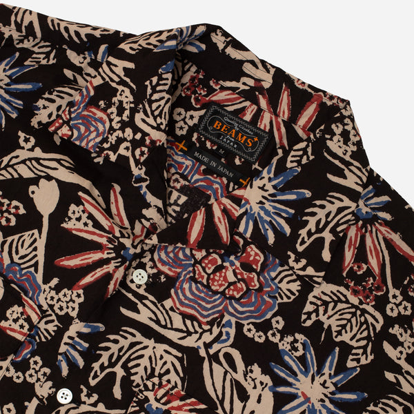 OPEN COLLAR BLOCK FLORAL SHIRT - BLACK