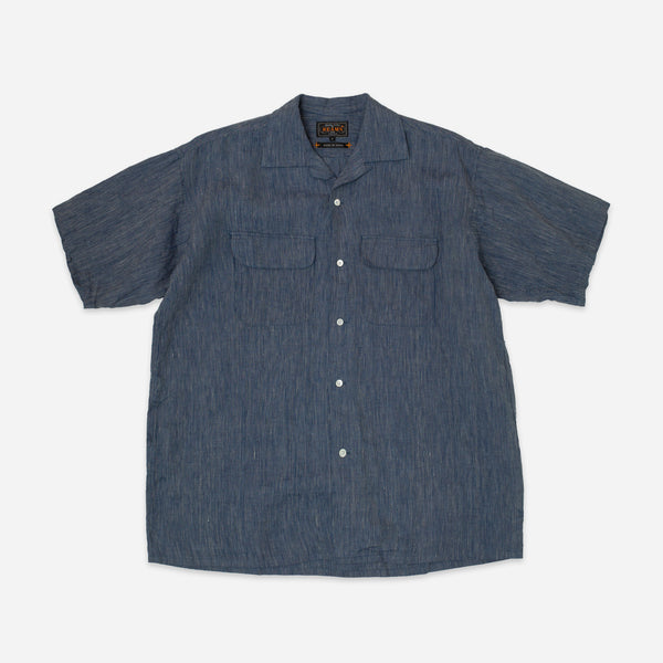 OPEN COLLAR LINEN STRIPE SHIRT- INDIGO