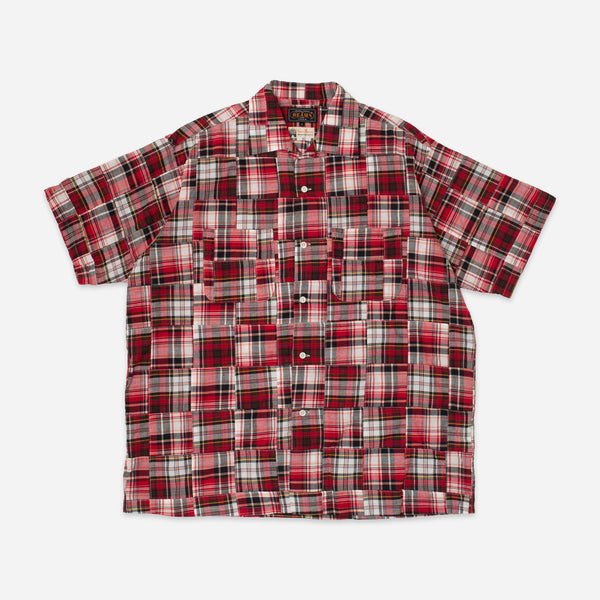 OPEN COLLAR PATCHWORK SHIRT - MADRAS RED