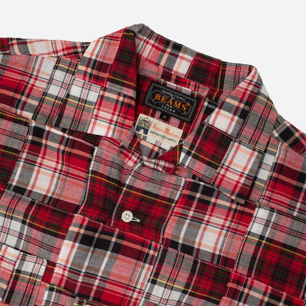 OPEN COLLAR PATCHWORK SHIRT - MADRAS RED