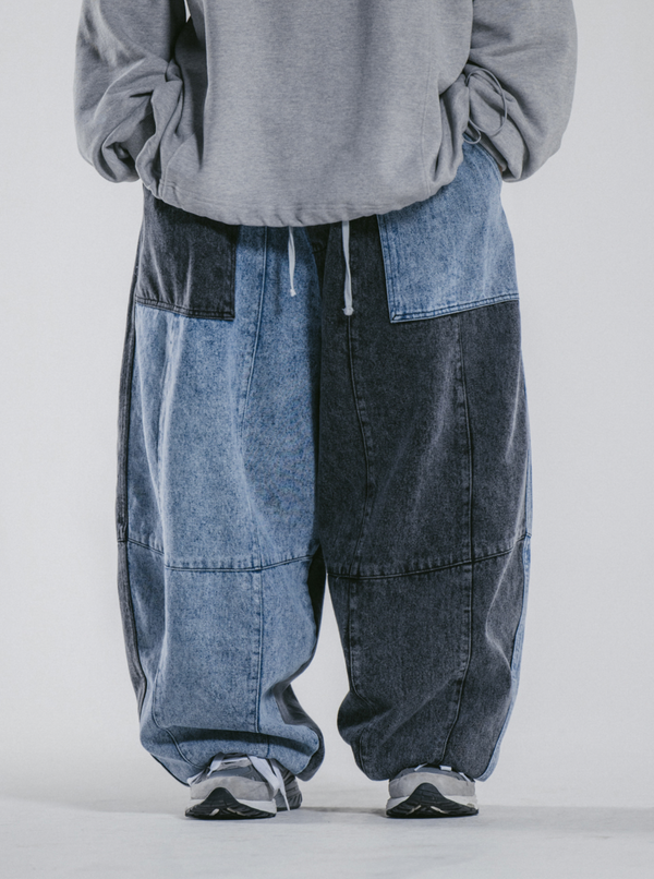 DENIM MIX FATIGUE BALLOON PANTS - BLUE / GREY