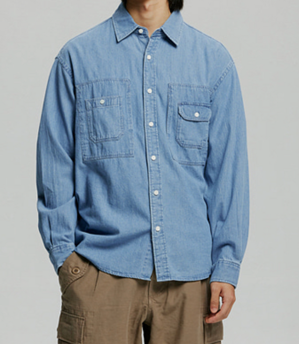 BLEACHED DENIM UTILITY SHIRT - MID BLUE