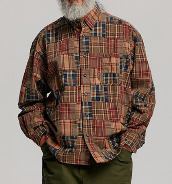 MADRAS PATCHWORK RELAXED SHIRT - BROWNIE