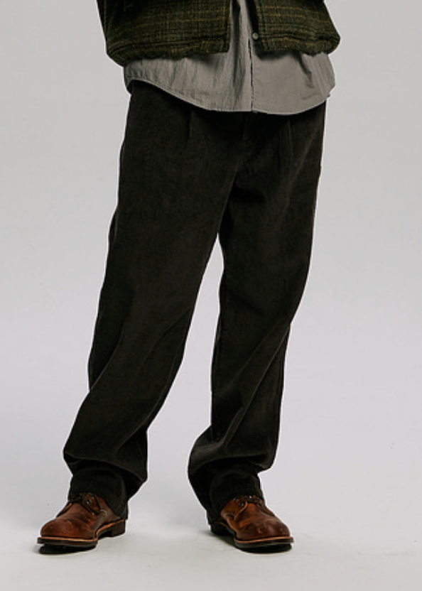 CORDUROY WIDE ONE TUCK PANTS - CHARCOAL
