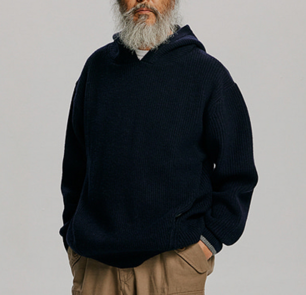 KANGAROO KNIT PULLLOVER HOODIE - NAVY