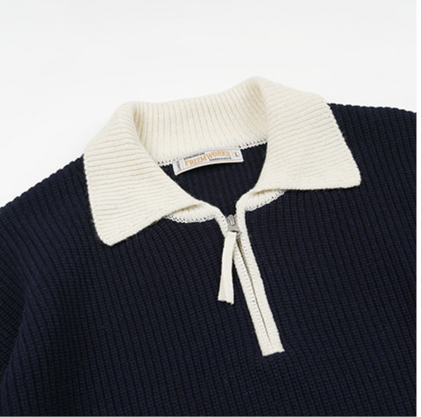 CONTRAST COLLAR HALF ZIP KNIT - NAVY