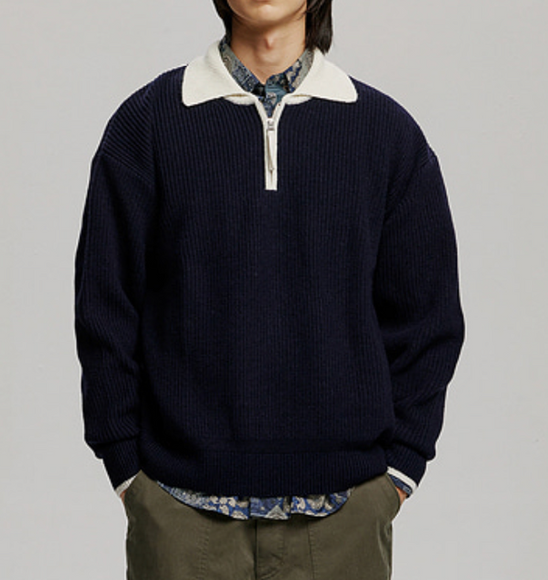 CONTRAST COLLAR HALF ZIP KNIT - NAVY