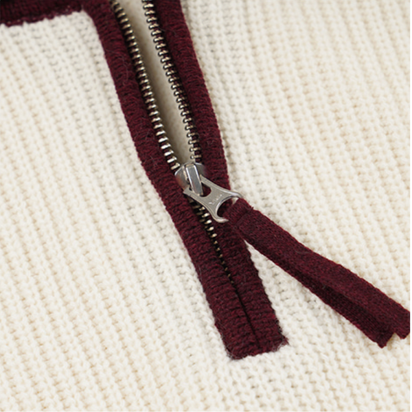 CONTRAST COLLAR HALF ZIP KNIT - CREAM