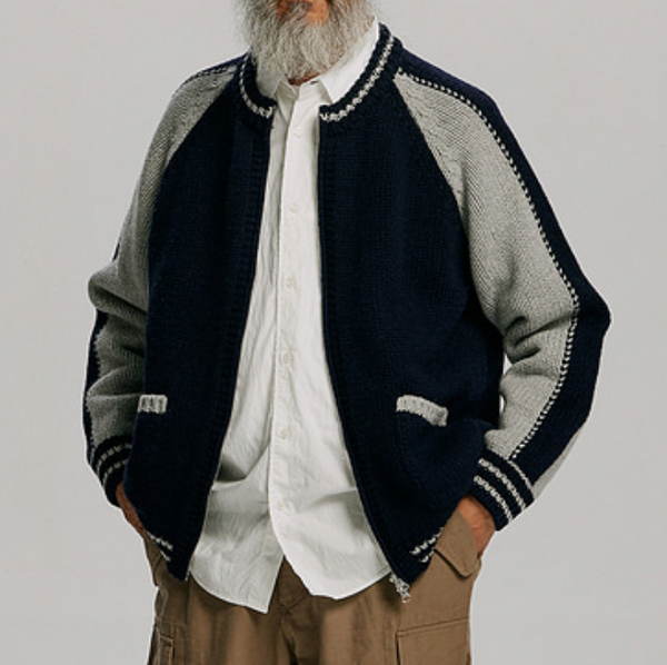 WOOL VARSITY CARDIGAN - NAVY/GREY