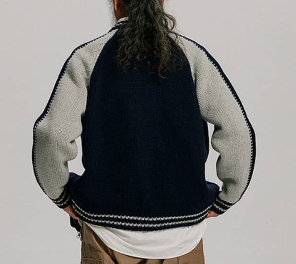 WOOL VARSITY CARDIGAN - NAVY/GREY