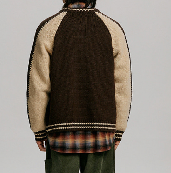 WOOL VARSITY CARDIGAN - BROWN/TAN