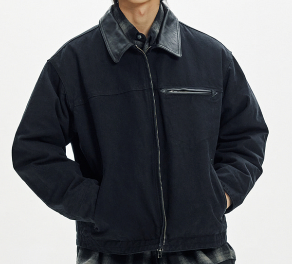 HEAVY CANVAS DESTROYED WORK JACKET - BLACK