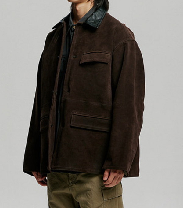 SUEDE FRENCH CAR COAT - DARK BROWN