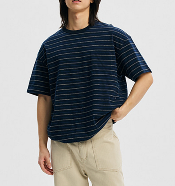 JACQUARD STRIPE HALF T-SHIRT - NAVY