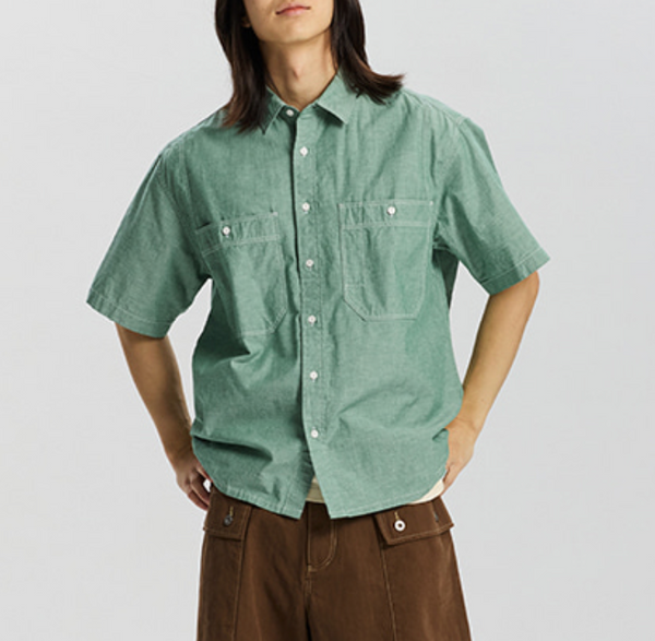 CHAMBRAY BIG POCKET HALF SHIRT - GREEN