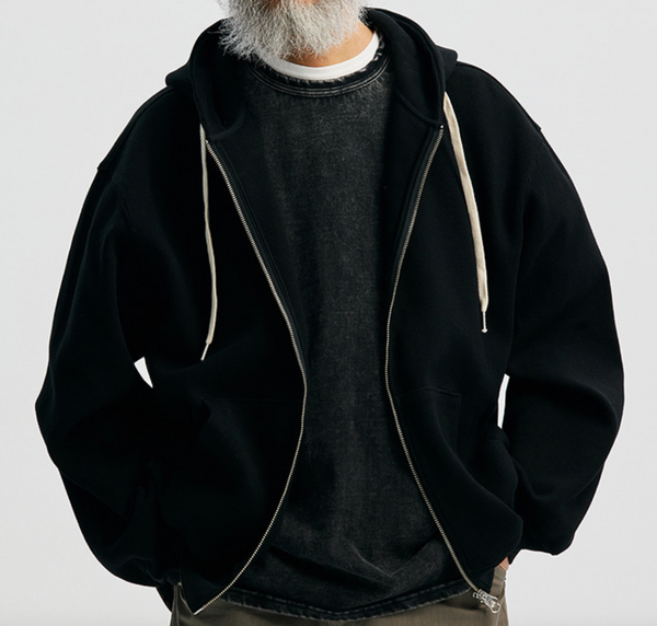 WAFFLE ZIP UP HOODIE - BLACK