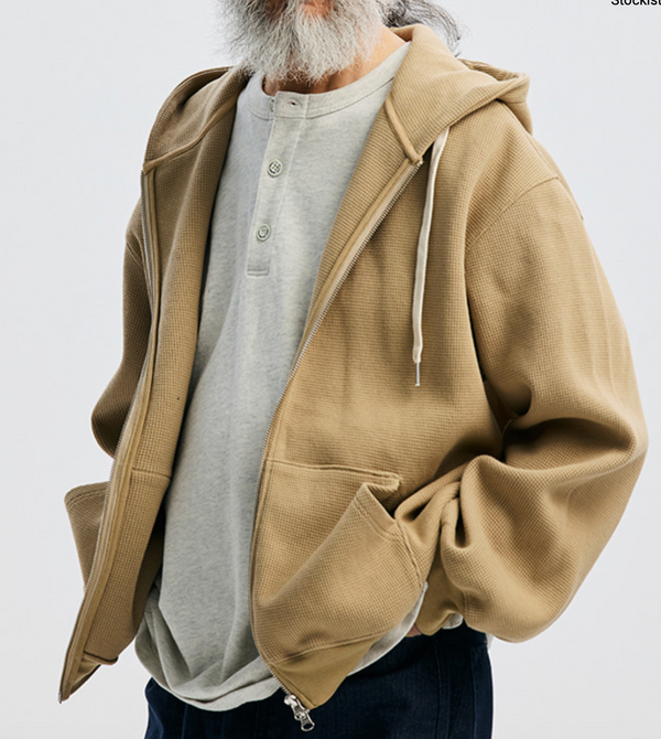 WAFFLE ZIP UP HOODIE - BEIGE