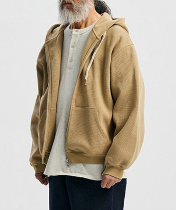 WAFFLE ZIP UP HOODIE - BEIGE