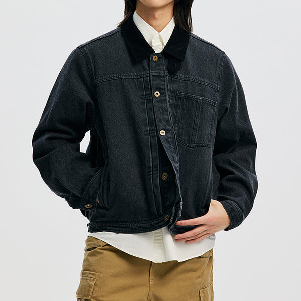 WASHED DENIM TRUCKER JACKET - BLACK