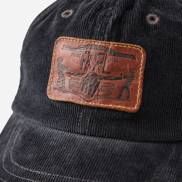 LEATHER PATCH CORDUROY TRUCKER CAP - BLACK