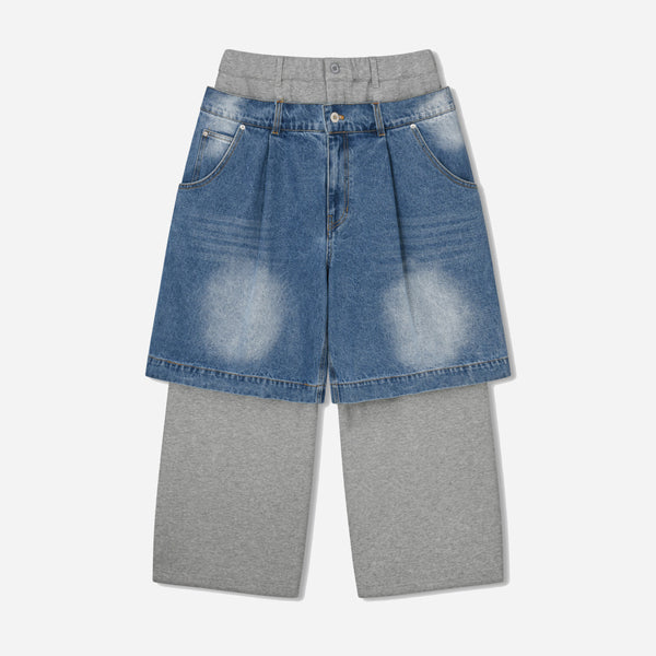DENIM LAYERED SWEAT PANTS - MELANGE GREY