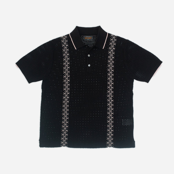KNITTED MESH STRIPE POLO SHIRT - BLACK