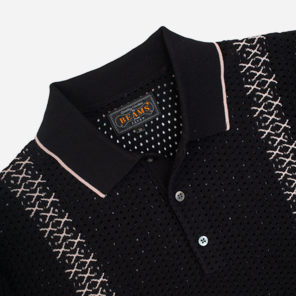 KNITTED MESH STRIPE POLO SHIRT - BLACK