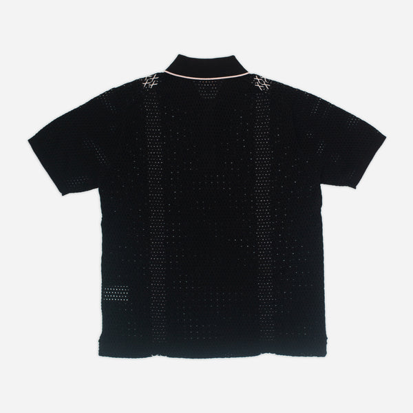 KNITTED MESH STRIPE POLO SHIRT - BLACK