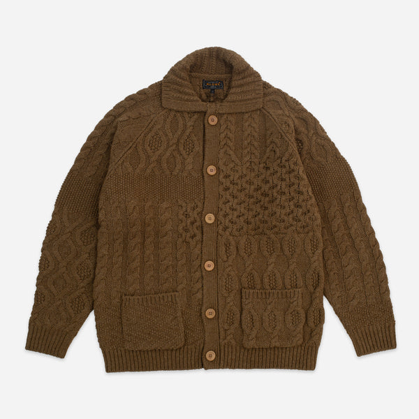 ALAN CABLE KNIT PATCHWORK CARDIGAN - BROWN
