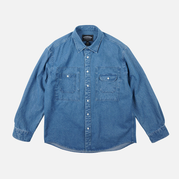 BLEACHED DENIM UTILITY SHIRT - MID BLUE