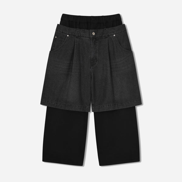 DENIM LAYERED SWEAT PANTS - BLACK