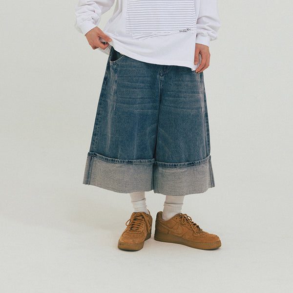 TURN UP DENIM HALF PANTS - WASHED DENIM