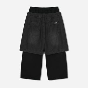 Anglan - DENIM LAYERED SWEAT PANTS - BLACK -  - Alternative View 1