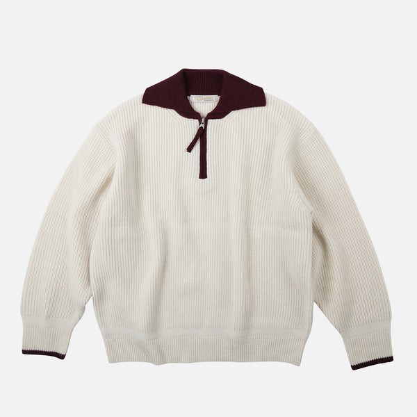 CONTRAST COLLAR HALF ZIP KNIT - CREAM