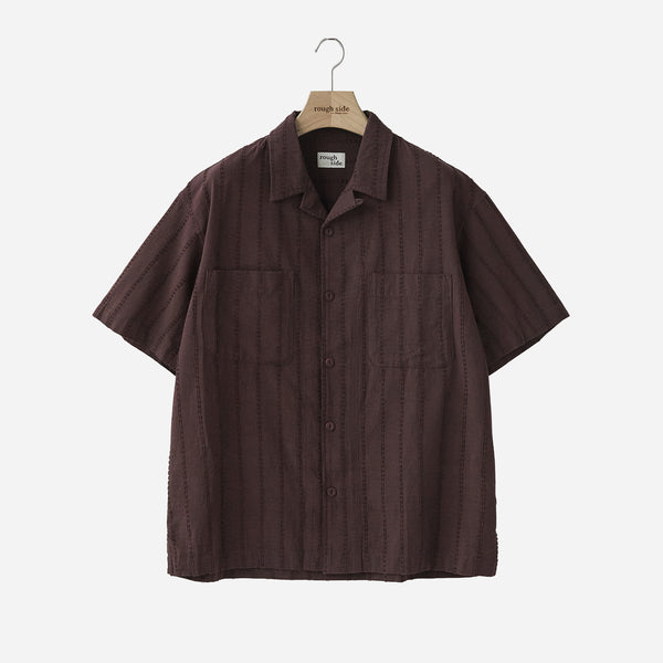OPEN COLLAR HALF SHIRT - BURGUNDY STRIPE