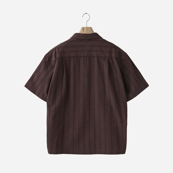 OPEN COLLAR HALF SHIRT - BURGUNDY STRIPE