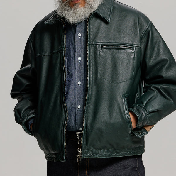 DESTROYED LEATHER JACKET - WASHED OLIVE