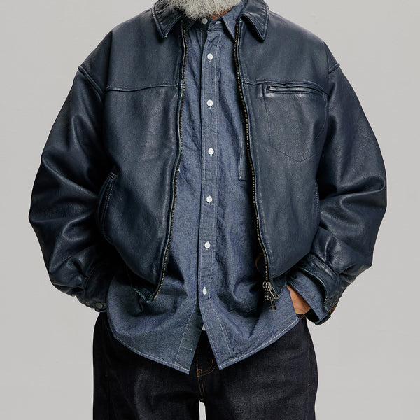 DESTROYED LEATHER JACKET - WASHED NAVY