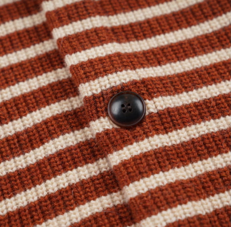 WOOL STRIPE ROUND CARDIGAN - BRICK