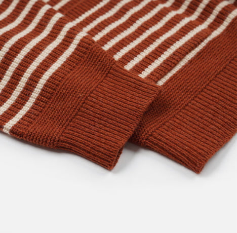 WOOL STRIPE ROUND CARDIGAN - BRICK