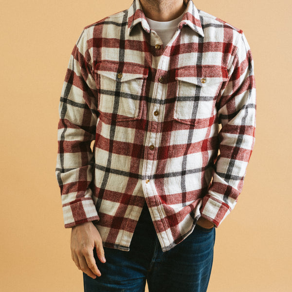 BIG POCKET FLANNEL SHIRT - WHITE/BRANDY BROWN