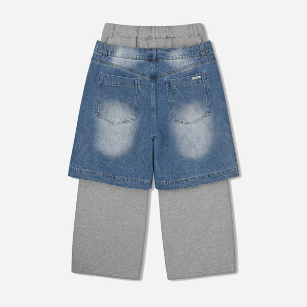 DENIM LAYERED SWEAT PANTS - MELANGE GREY