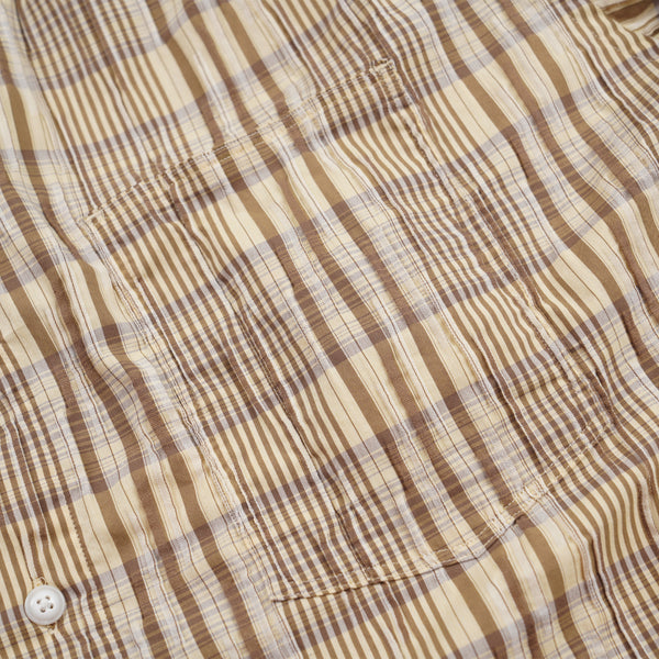 GATHERED SEERSUCKER CHECK SHIRT - BEIGE