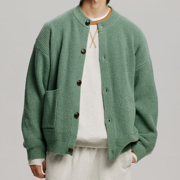 HEAVY WOOL ROUND CARDIGAN - JADE GREEN