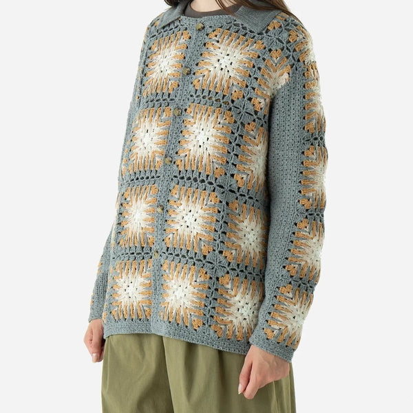 CROCHET POLO BUTTON KNIT - MUSTARD/GREY